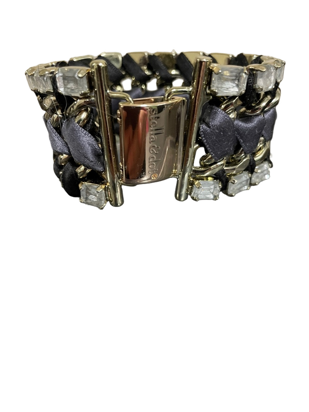 Stella & Dot Gold Tone Chain Bracelet with Black/Blue Ribbon and Crystals